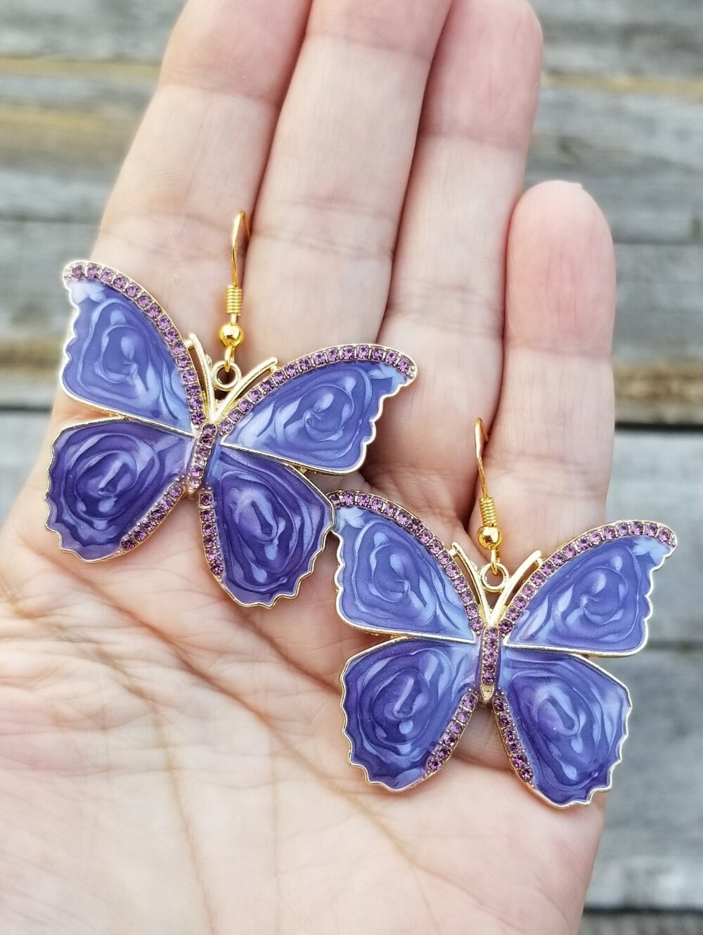 Whimsical Large Purple Butterfly Dangle Earrings, Gold Butterfly Earrings